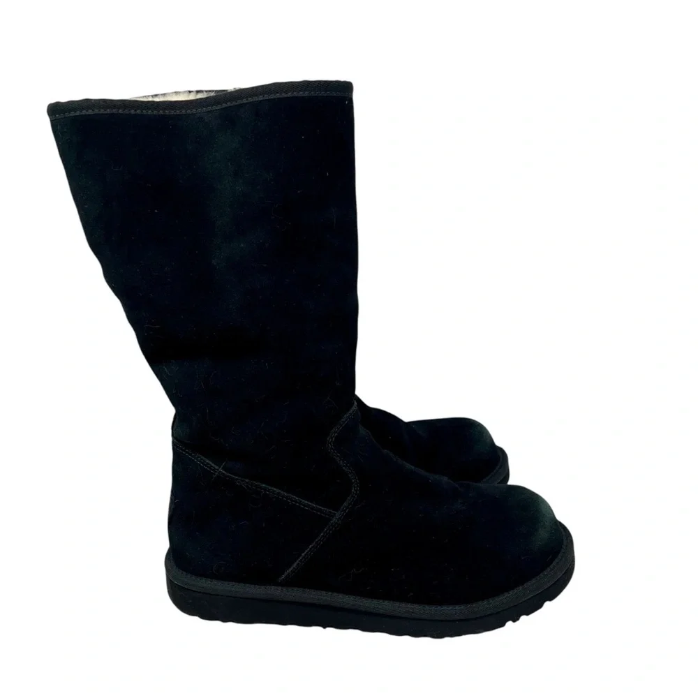 UGG Black Suede Zip Sunshine Tall Boots‎ Sz 6 Shearling Winter Snow Classic 90s